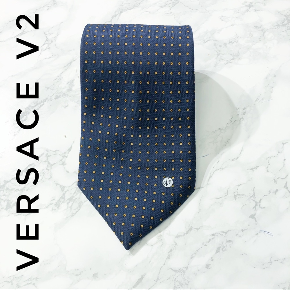 Versace V2 Blue Orange Polka Dot Silk Tie EUC
